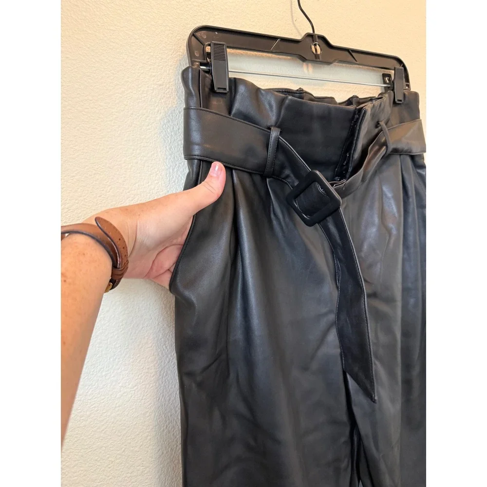 H&M Black Faux Leather Paperbag Waist Belted Tapered Pants Womens Size 8 Vegan